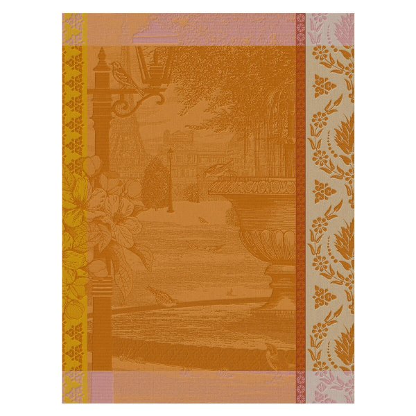 Paño de cocina de Le Jacquard Français; Modelo Jardin Parisien Pensee; Color principal naranja en algodón; Tamaño 60x80 cm rectangular; Motivo Paisajes, Lugares y ciudades en tejido jacquard