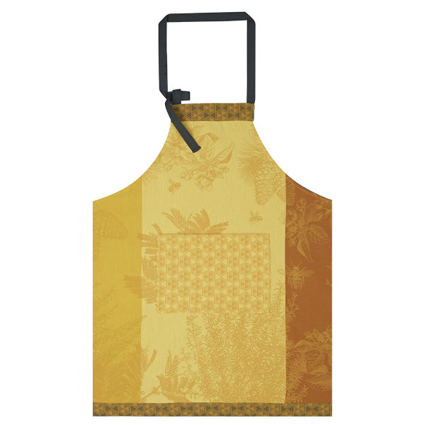 Apron from Le Jacquard Français; Model Miel De Nectar Miel; main colour orange in cotton; Size 90x96 cm ; Motif Flowers and plants, Summer; Pattern jacquard woven