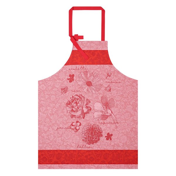 Apron from Le Jacquard Français; Model Fleurs A Croquer Fleur; main colour red in cotton; Size 90x96 cm ; Motif Flowers and plants; Pattern jacquard woven