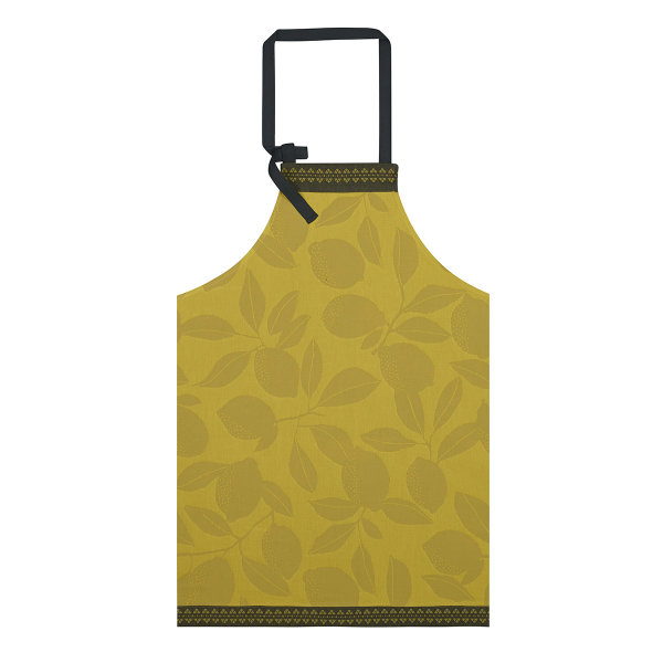 Apron from Le Jacquard Français; Model Sous Les Citronnniers Jaune; main colour yellow in cotton; Size 90x96 cm ; Motif Summer; Pattern jacquard woven