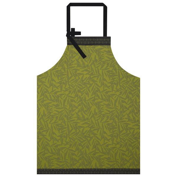 Apron from Le Jacquard Français; Model Cevennes Olive; main colour green in cotton; Size 90x96 cm ; Motif Summer; Pattern jacquard woven