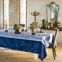 Tablecloth from Garnier-Thiebaut; Model Hortensias Bleu; main colour blue in cotton; Size 175x305 cm rectangular; Motif Flowers and plants; Pattern jacquard woven