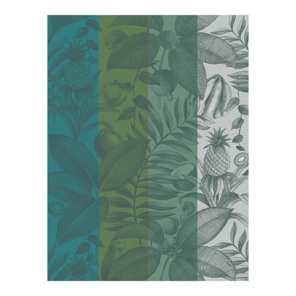 Torchon de Le Jacquard Français; Model Fruits Exotiques Palme; Couleur principale vert en coton; Taille 60x80 cm rectangulaire; Motif Fruits et légumes, Été tissé jacquard