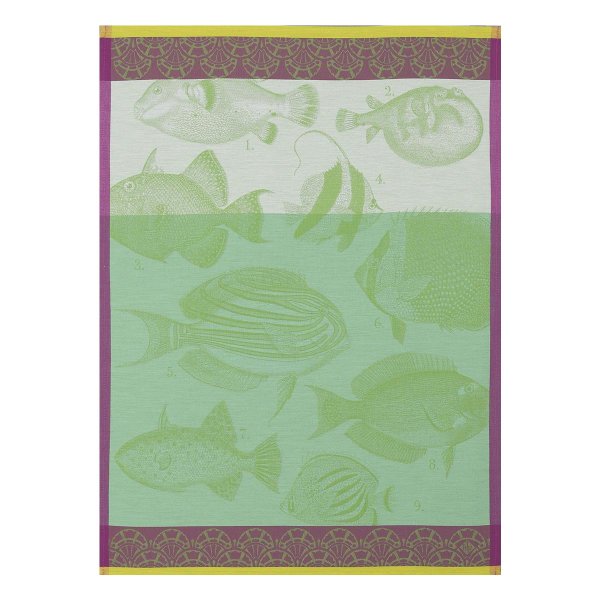 Tea towel from Le Jacquard Français; Model Moorea Algue; main colour green in cotton; Size 60x80 cm rectangular; Motif ; Pattern jacquard woven