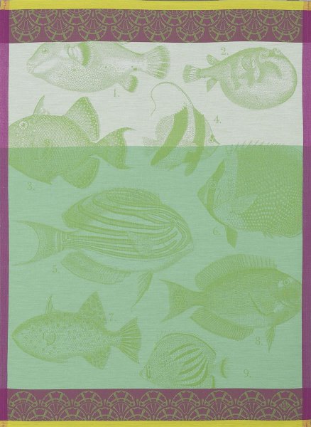 Tea towel from Le Jacquard Français; Model Moorea Algue; main colour green in cotton; Size 60x80 cm rectangular; Motif ; Pattern jacquard woven