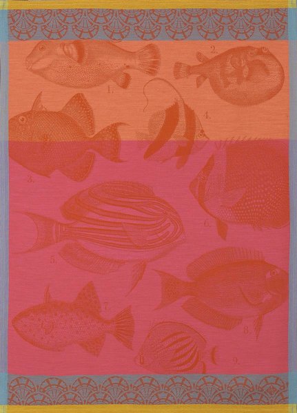 Geschirrtuch von Le Jacquard Français; Modell Moorea Corail in Grundfarbe orange aus Baumwolle; Größe 60x80 cm rechteckig; Motiv Maritim, Tiere; Muster jacquard-gewebt