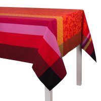 Coated tablecloth from Le Jacquard Français; Model Provence Gariguette; main colour red in cotton; Size 150x150 cm Square; Motif Summer; Pattern jacquard woven