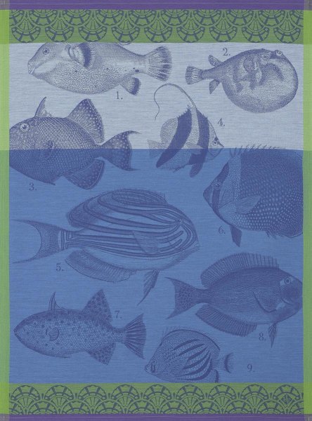 Geschirrtuch von Le Jacquard Français; Modell Moorea Ocean in Grundfarbe blau aus Baumwolle; Größe 60x80 cm rechteckig; Motiv Maritim, Tiere; Muster jacquard-gewebt
