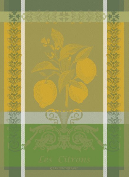 Paño de cocina de Garnier-Thiebaut; Modelo Citron Zeste; Color principal verde en algodón; Tamaño 56x77 cm rectangular; Motivo Frutas y verduras en tejido jacquard