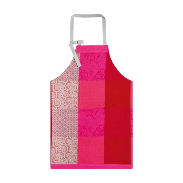 Apron from Le Jacquard Français; Model Fleurs De Kyoto Cerise; main colour pink in cotton; Size 90x96 cm ; Motif graphic patterns; Pattern jacquard woven