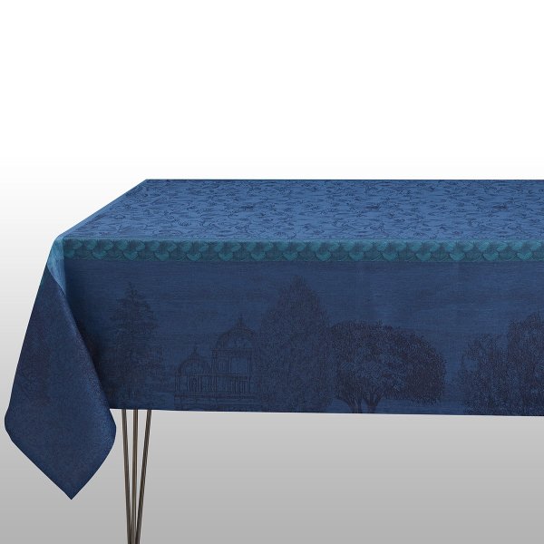 Tablecloth from Le Jacquard Français; Model Symphonie Baroque Crepuscule; main colour blue in linen; Size 120x120 cm Square; Motif Places and cities; Pattern jacquard woven