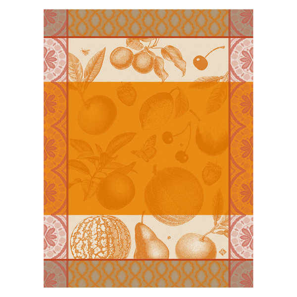 Tea towel from Le Jacquard Français; Model Arriere-Pays Melon; main colour orange in cotton; Size 60x80 cm rectangular; Motif Summer; Pattern jacquard woven