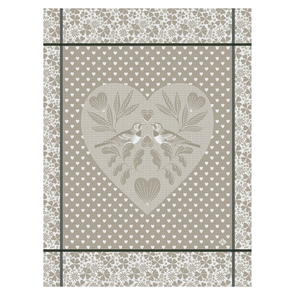 Tea towel from Le Jacquard Français; Model Amour Ble; main colour beige in cotton; Size 60x80 cm rectangular; Motif Love and friendship, Mother´s Day, Valentines Day; Pattern jacquard woven