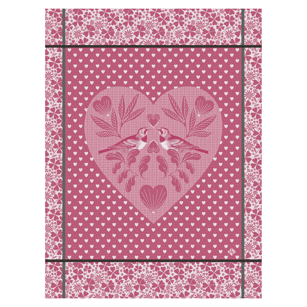 Paño de cocina de Le Jacquard Français; Modelo Amour Pivoine; Color principal rosa en algodón; Tamaño 60x80 cm rectangular; Motivo Amor y amistad, Día de la Madre, Día de San Valentín en tejido jacquard