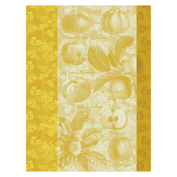 Torchon de Le Jacquard Français; Model Pommes A Croquer Golden; Couleur principale jaune en coton; Taille 60x80 cm rectangulaire; Motif Automne, Fruits et légumes tissé jacquard