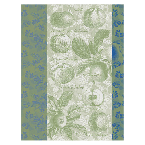 Tea towel from Le Jacquard Français; Model Pommes A Croquer Granny; main colour green in cotton; Size 60x80 cm rectangular; Motif Autumn, Fruit and vegetable; Pattern jacquard woven