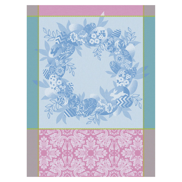 Torchon de Le Jacquard Français; Model Couronne de Paques Myosotis; Couleur principale multicolore en coton; Taille 60x80 cm rectangulaire; Motif Pâques tissé jacquard