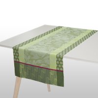 Coated table runner from Le Jacquard Français; Model Nature Urbaine Gazon; main colour green in cotton; Size 50x150 cm rectangular; Motif Flowers and plants; Pattern jacquard woven