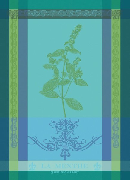 Tea towel from Garnier-Thiebaut; Model Brin De Menthe Chlorophylle; main colour blue in cotton; Size 56x77 cm rectangular; Motif Fruit and vegetable; Pattern jacquard woven