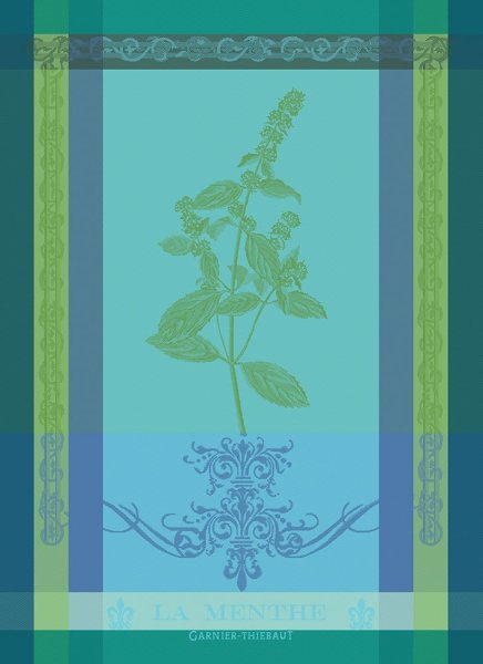 Torchon de Garnier-Thiebaut; Model Brin De Menthe Chlorophylle; Couleur principale bleu en coton; Taille 56x77 cm rectangulaire; Motif Fruits et légumes tissé jacquard