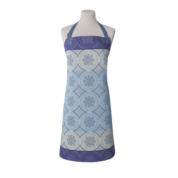 Apron from Le Jacquard Français; Model Arriere-Pays Cassis; main colour blue in cotton; Size 80x96 cm ; Motif Mother´s Day, Summer; Pattern jacquard woven