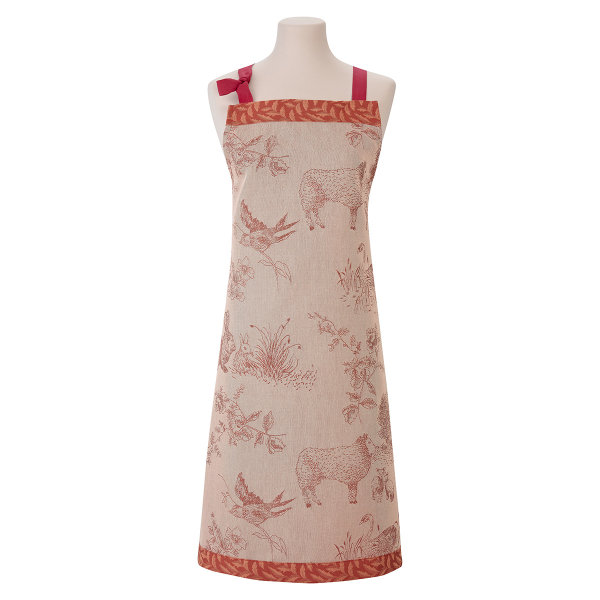 Apron from Le Jacquard Français; Model Josephine Pavot; main colour red in cotton; Size 90x96 cm ; Motif Autumn, Mother´s Day; Pattern jacquard woven