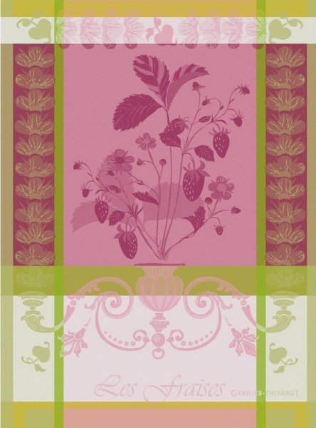 Geschirrtuch von Garnier Thiebaut; Modell Fraisier Rose in Grundfarbe rosa aus Baumwolle; Größe 56x77 cm rechteckig; Motiv ; Muster jacquard-gewebt