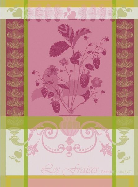 Paño de cocina de Garnier-Thiebaut; Modelo Fraisier Rose; Color principal rosa en algodón; Tamaño 56x77 cm rectangular; Motivo  en tejido jacquard