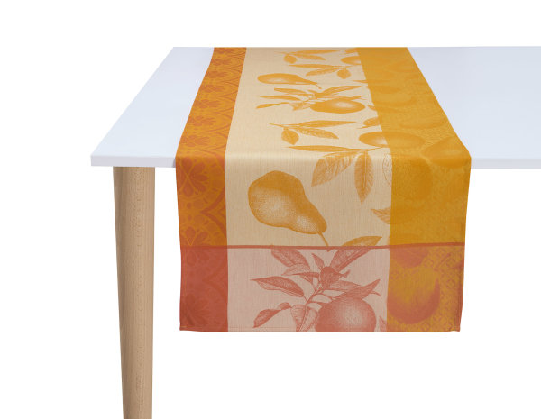 Camino de mesa de Le Jacquard Français; Modelo Arriere-Pays Melon; Color principal naranja en algodón; Tamaño 50x150 cm rectangular; Motivo Verano en tejido jacquard