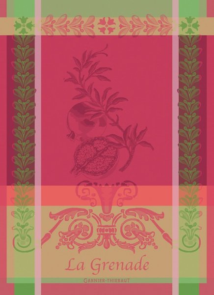 Paño de cocina de Garnier-Thiebaut; Modelo Grenade Rose; Color principal rosa en algodón; Tamaño 56x77 cm rectangular; Motivo Frutas y verduras en tejido jacquard