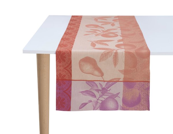 Table runner from Le Jacquard Français; Model Arriere-Pays Peche; main colour pink in cotton; Size 50x150 cm rectangular; Motif Summer; Pattern jacquard woven