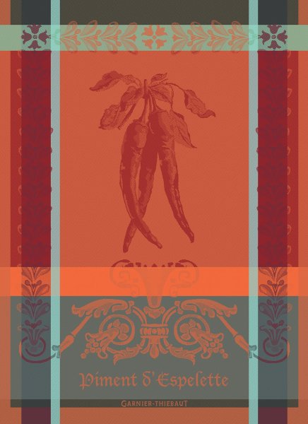 Paño de cocina de Garnier-Thiebaut; Modelo Piment DEspelette Epices; Color principal naranja en algodón; Tamaño 56x77 cm rectangular; Motivo Frutas y verduras en tejido jacquard