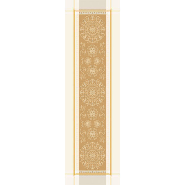 Table runner from Garnier-Thiebaut; Model Galerie Royale Reflets d´or; main colour gold in cotton; Size 54x180 cm rectangular; Motif Christmas, festive occasions; Pattern jacquard woven