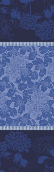 Table runner from Garnier-Thiebaut; Model Hortensias Bleu; main colour blue in cotton; Size 55x175 cm rectangular; Motif Flowers and plants; Pattern jacquard woven