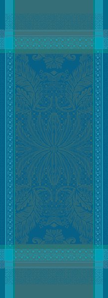 Table runner from Garnier-Thiebaut; Model Isaphire Emeraude; main colour blue in cotton; Size 54x149 cm rectangular; Motif ; Pattern jacquard woven