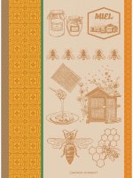 Tea towel from Garnier-Thiebaut; Model Miel Et Abeilles Ocre; main colour yellow in cotton; Size 56x77 cm rectangular; Motif Food and drink, Animals; Pattern jacquard woven