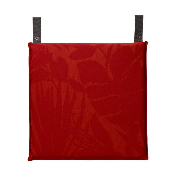 von Le Jacquard Français; Modell Bahia Sunset in Grundfarbe rot aus Polyacryl; Größe 40x40 cm quadratisch; Motiv Sommer, Tiere; Muster jacquard-gewebt