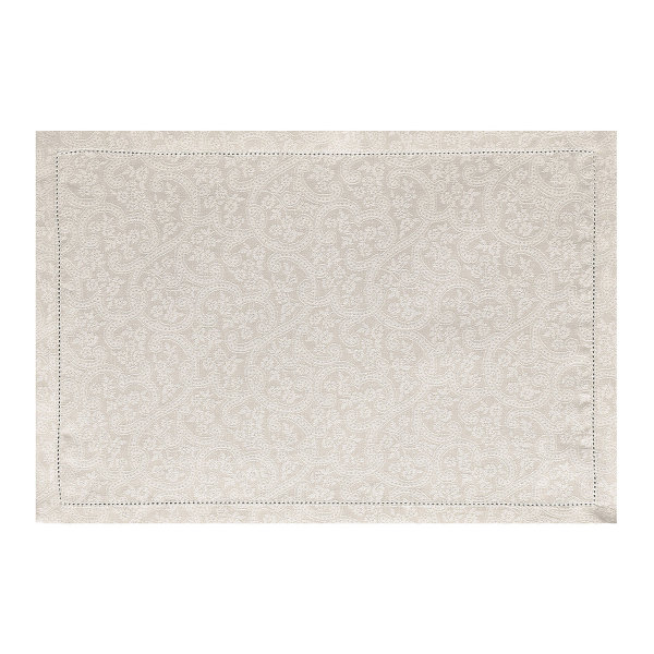 Placemats (2x Set) from Le Jacquard Français; Model Portofino Fiori Sabbia; main colour beige in linen; Size 36x50 cm rectangular; Motif festive occasions; Pattern woven