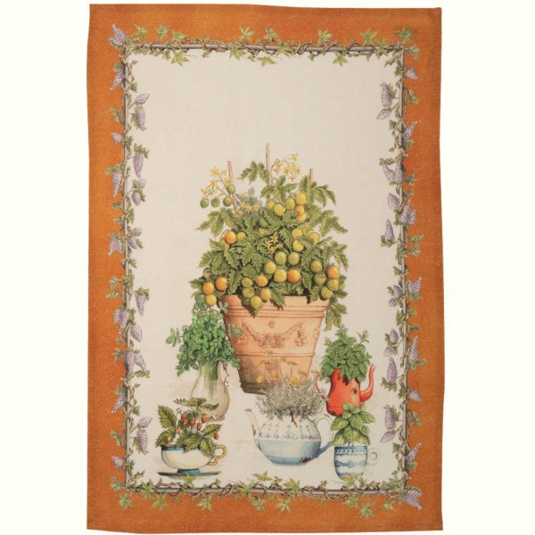 Tea towel from Tessitura Toscana Telerie; Model Balcon Potager Arancio; main colour multicolored in linen; Size 50x70 cm rectangular; Motif Flowers and plants, Summer; Pattern printed