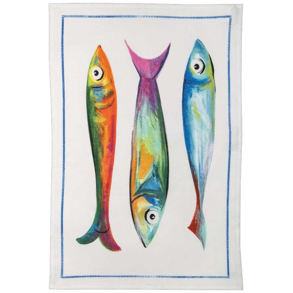 Geschirrtuch von Tessitura Toscana Telerie; Modell Poisson Bleu Trois in Grundfarbe bunt aus Leinen; Größe 50x70 cm rechteckig; Motiv Tiere; Muster bedruckt