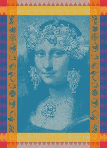 Paño de cocina de Garnier-Thiebaut; Modelo Mona Lisa Bleu; Color principal azul en algodón; Tamaño 56x77 cm rectangular; Motivo Día de la Madre en tejido jacquard