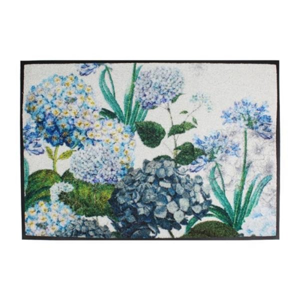 Fußmatte von Garnier Thiebaut; Modell Hortensias Bleu in Grundfarbe bunt aus Polyamid; Größe 50x75 cm rechteckig; Motiv Blumen und Pflanzen, Sommer; Muster bedruckt