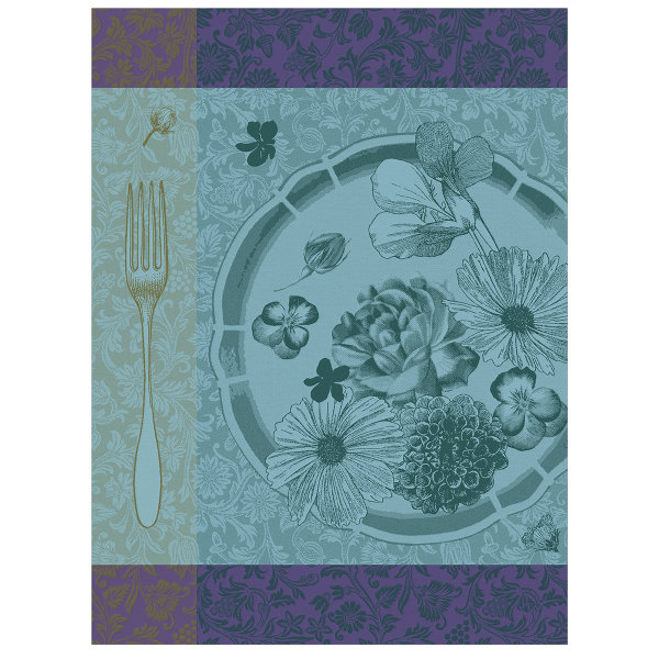 Tea towel from Le Jacquard Français; Model Fleurs A Croquer Chlorophylle; main colour blue in cotton; Size 60x80 cm rectangular; Motif Flowers and plants; Pattern jacquard woven