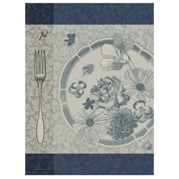 Geschirrtuch von Le Jacquard Français; Modell Fleurs A Croquer Etamine in Grundfarbe blau aus Baumwolle; Größe 60x80 cm rechteckig; Motiv Blumen und Pflanzen; Muster jacquard-gewebt