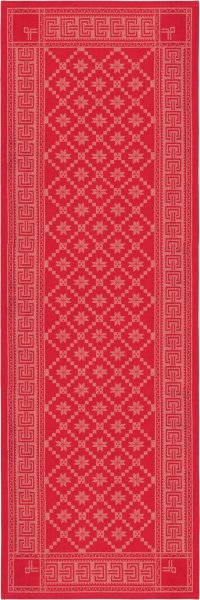 Tischläufer von Ekelund; Modell Åttebladrose 330 in Grundfarbe rot aus Baumwolle-Leinen-Mix; Größe 50x150 cm rechteckig; Motiv grafische Muster, Weihnachten; Muster gewebt