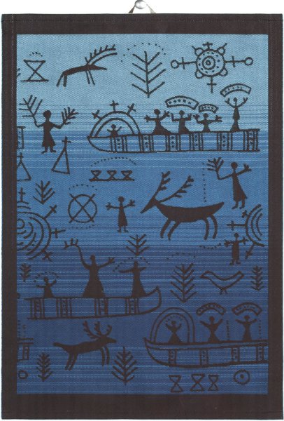 Küchenhandtuch von Ekelund; Modell Österled 910 in Grundfarbe blau aus Baumwolle; Größe 35x50 cm rechteckig; Motiv Tiere; Muster gewebt