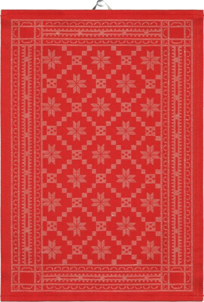 Trapo de cocina de Ekelund; Modelo Åttebladrose 330; Color principal rojo en mezcla de lino y algodón; Tamaño 35x50 cm rectangular; Motivo diseños gráficos, Navidad tejido