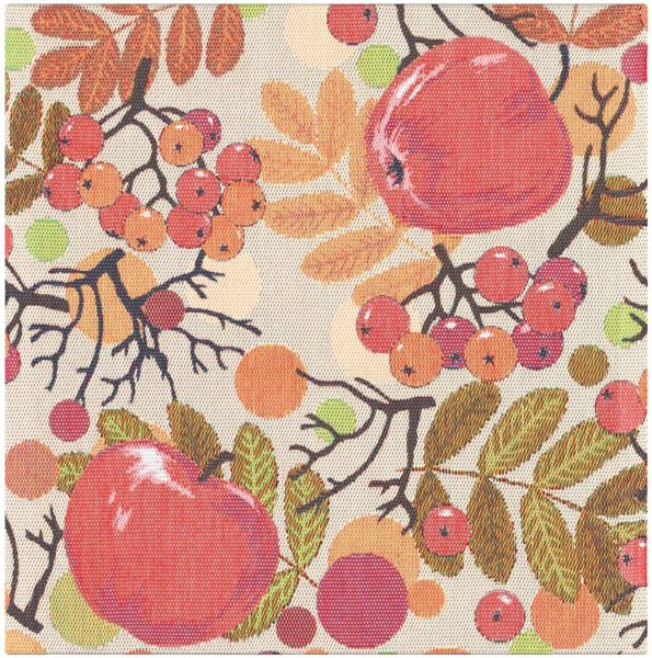 Napkin from Ekelund; Model Äppelbär ; main colour orange in cotton; Size 35x35 cm Square; Motif Autumn, Fruit and vegetable; Pattern Pixel-wowen (6 colours)