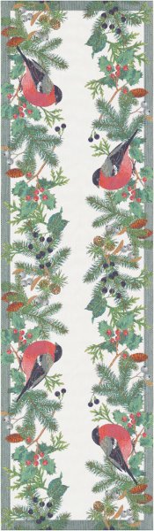 Table runner from Ekelund; Model Domherre ; main colour green in cotton; Size 35x80 cm rectangular; Motif Animals, Christmas, Winter; Pattern Pixel-wowen (6 colours)