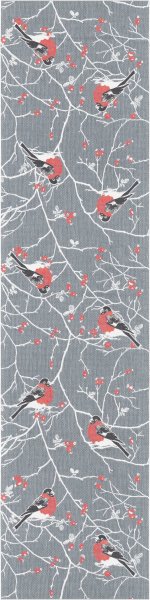 Table runner from Ekelund; Model Frostkvist ; main colour grey in cotton; Size 35x140 cm rectangular; Motif Animals, Winter; Pattern Pixel-wowen (6 colours)